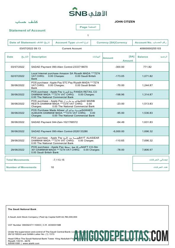 Modelo realista de extrato bancário nacional saudita da Arábia Saudita em Word e PDF